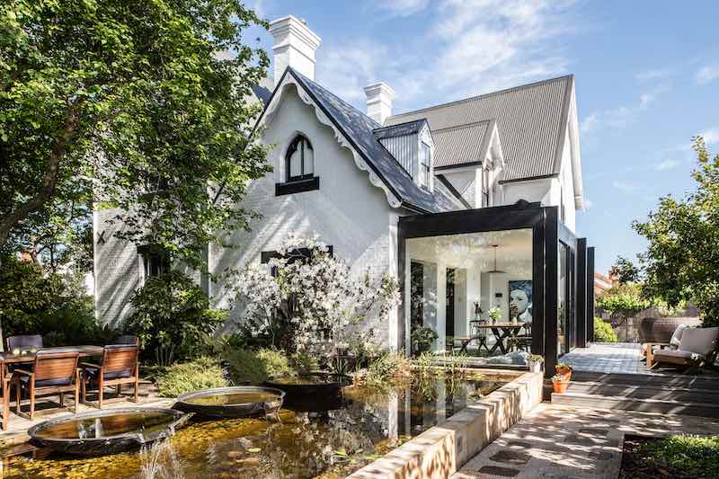 View of dining addition and water feature